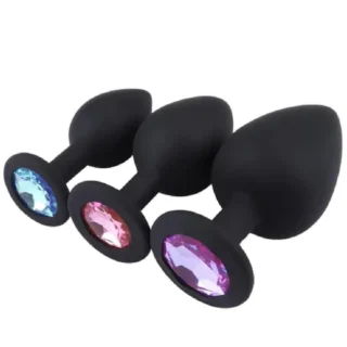 BLACK SILICONE JEWELED BUTT PLUG 3PCS SET